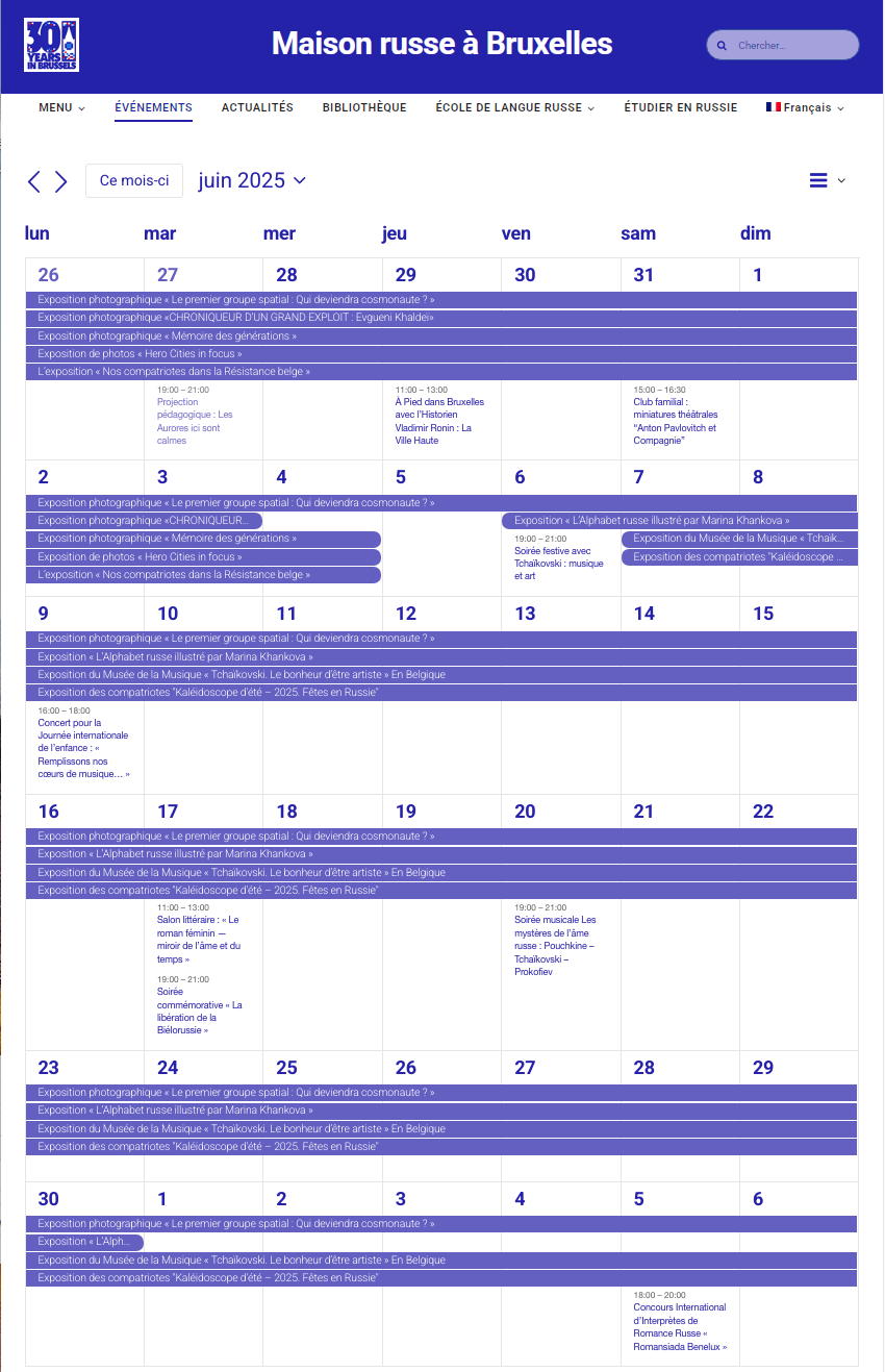 Page Internet. Maison russe Bruxelles-Europe. Calendrier des événements culturels de juin 2025. 2025-06-01
